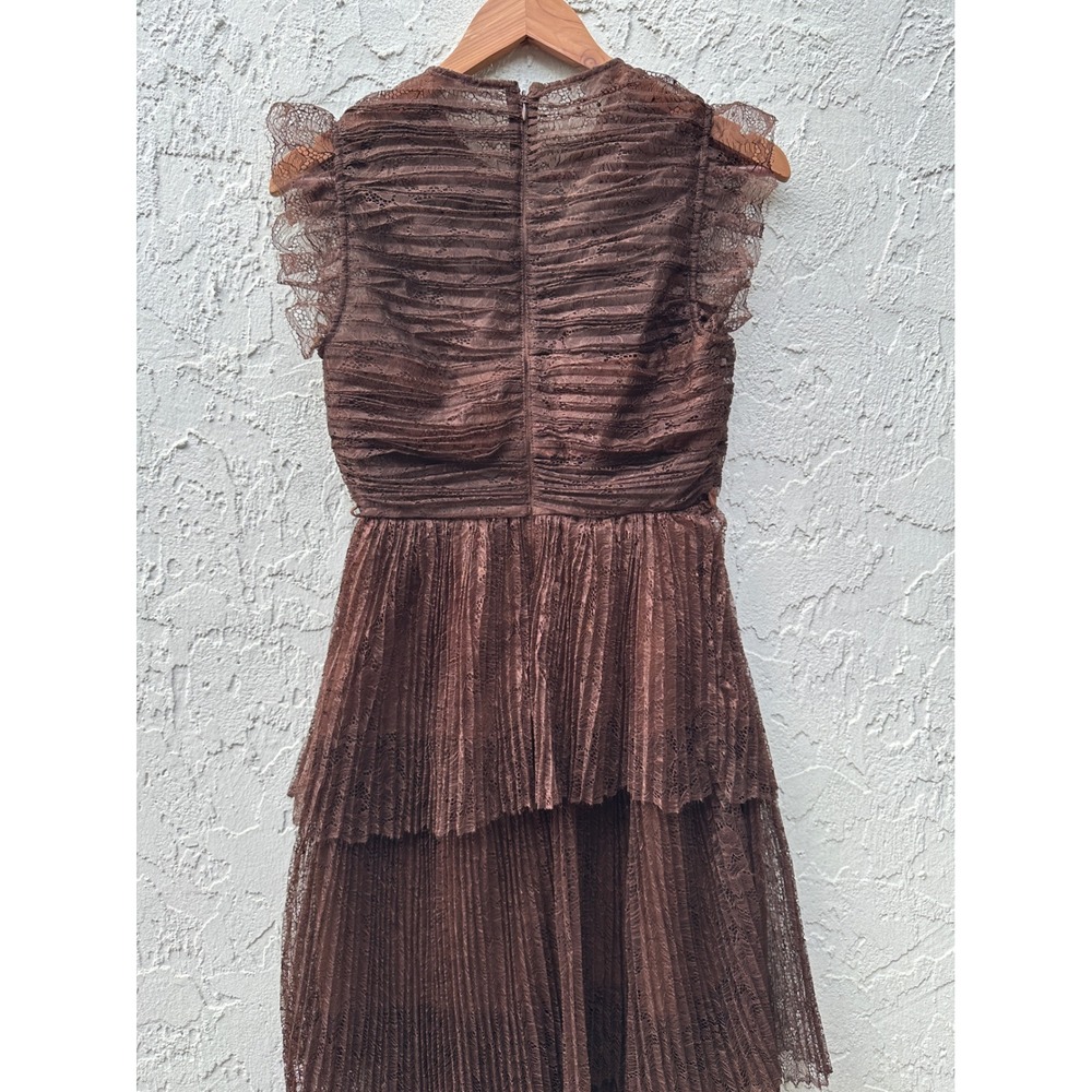 Self-Portrait Brown Lace‎ Tiered Midi Dress Ruched Ruffle Sleeveless US 4 - Picture 6 of 10